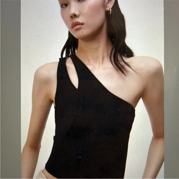 Jonathan Simkhai Jenni Compact One Shoulder Rib Tank Cutout Black Women's Large - Picture 2 of 3